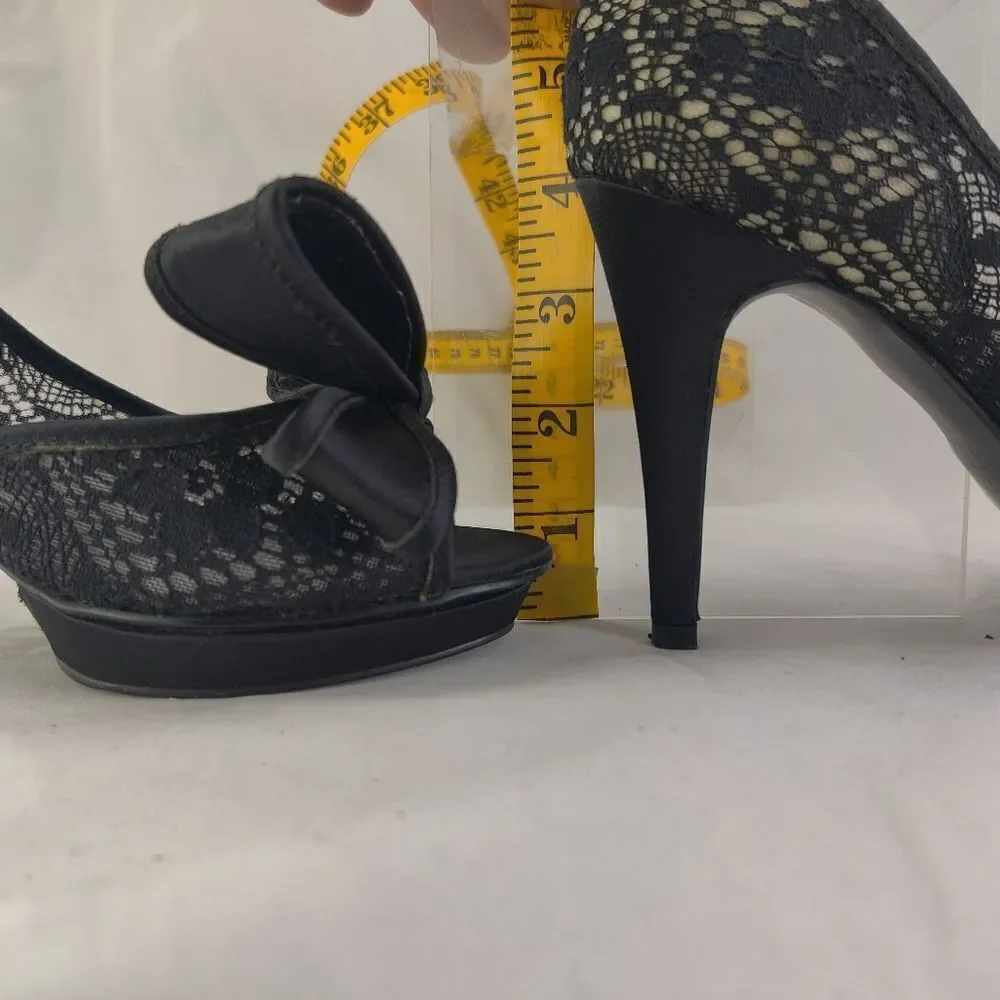 Steve madden Vale Sz 6 Giant Bow Black Lace D'Orsay Platform Stiletto Peep Heels